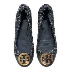 Tory Burch Navy Blue Serena Reva Leather And Tweed Cap Toe Ballet Flats
